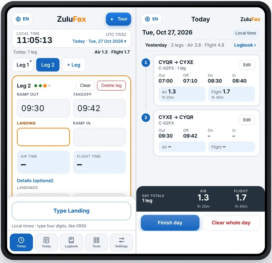 ZuluFox on an open Galaxy Z Fold, Times and Today side by side