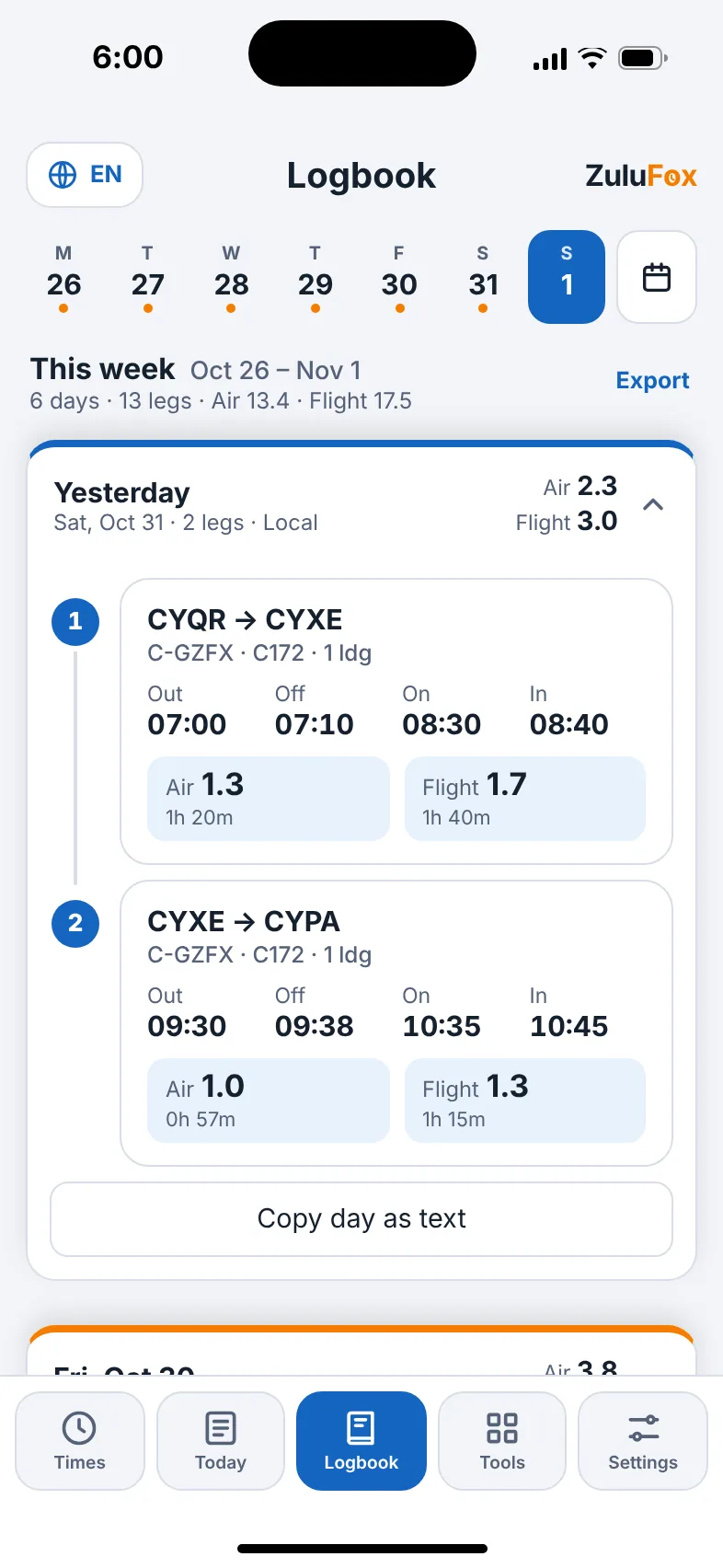 Logbook tab with a day opened to show each leg