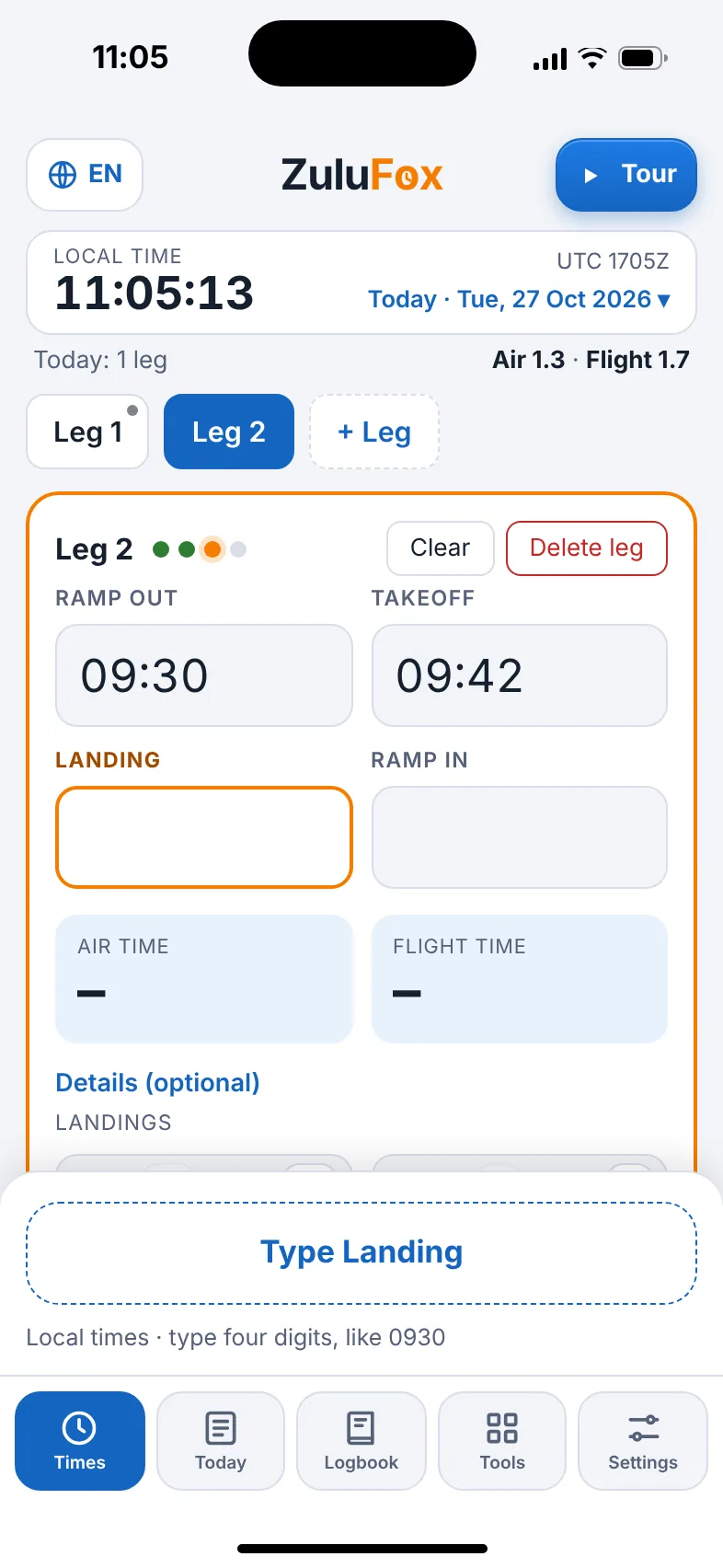 ZuluFox Times tab with the four time boxes