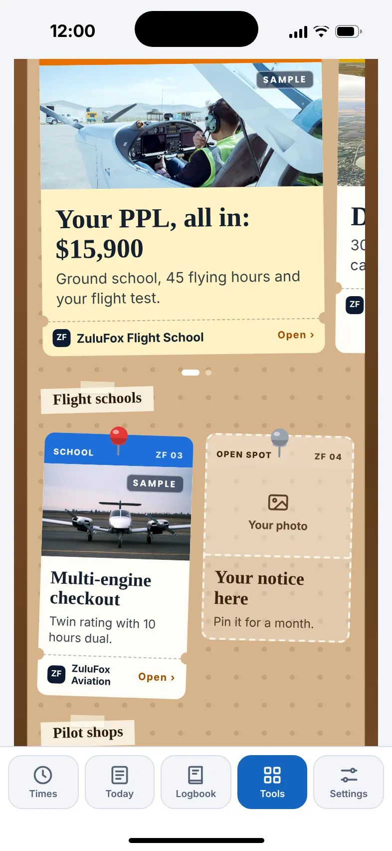 The Crew Board in the Tools tab, with sample passes from schools and pilot shops