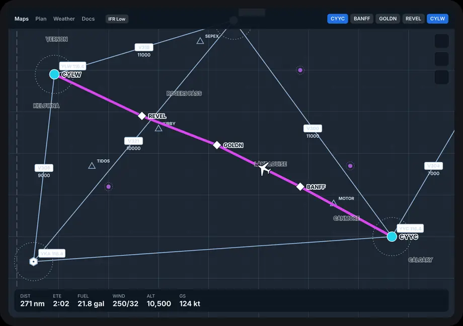 ZuluFox sliding in from the right over a sample IFR low chart
