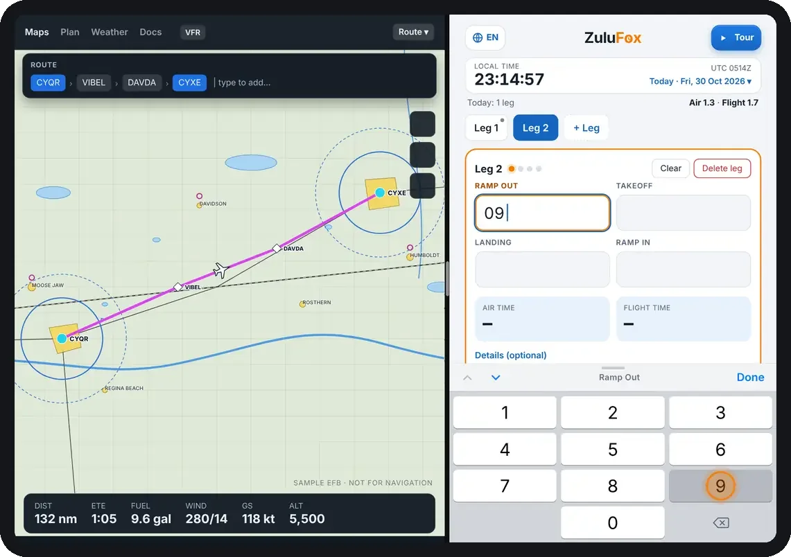 ZuluFox in Split View beside a sample VFR chart